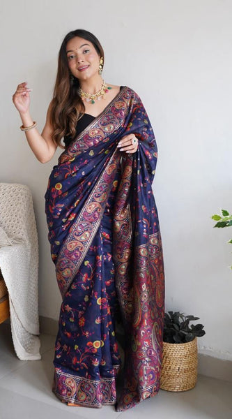Festive Wear Banarasi Saree in Pure Soft Silk Dark BlueWhit