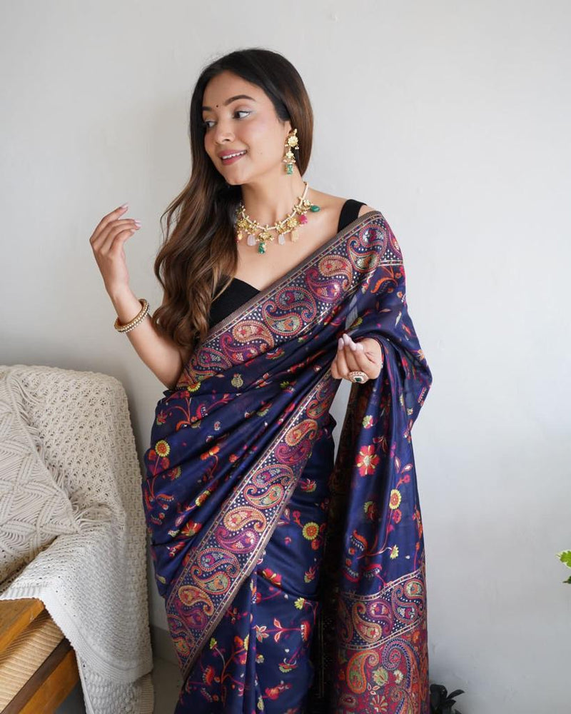 Festive Wear Banarasi Saree in Pure Soft Silk Dark BlueWhit