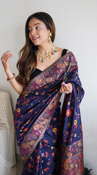 Festive Wear Banarasi Saree in Pure Soft Silk Dark BlueWhit
