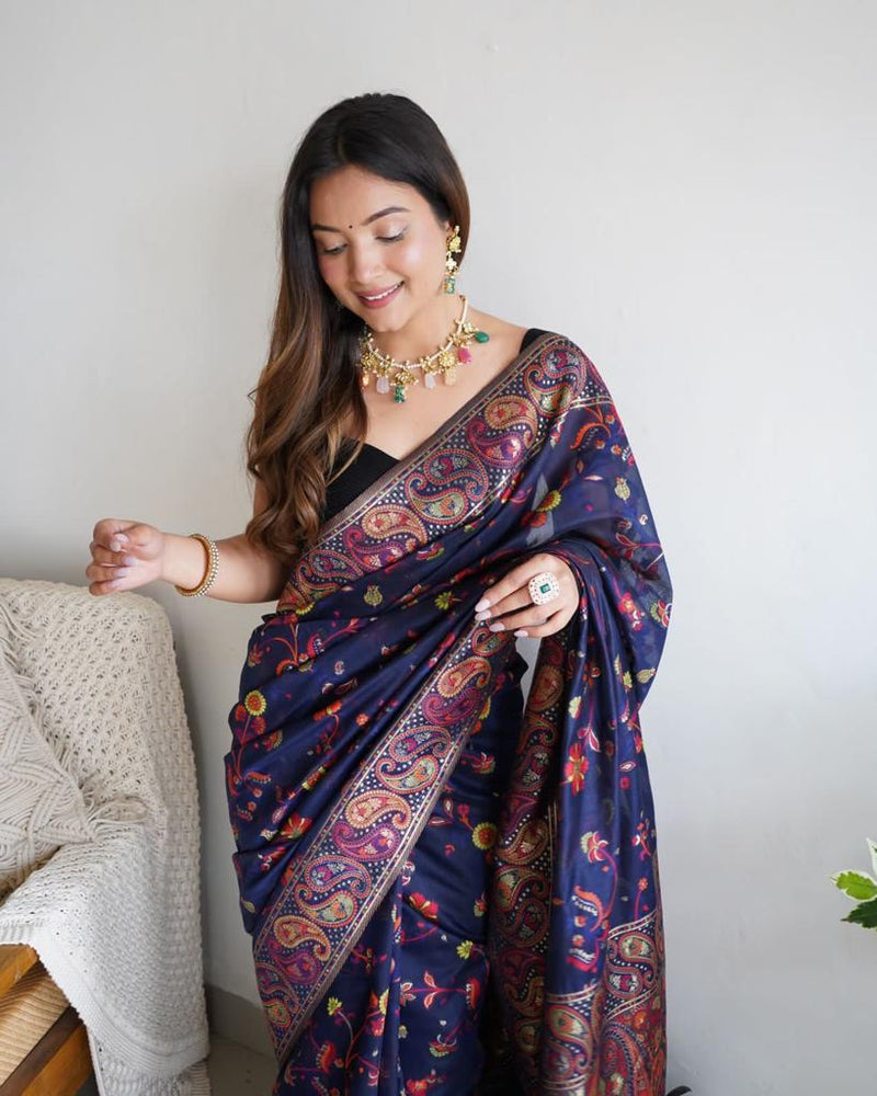 Festive Wear Banarasi Saree in Pure Soft Silk Dark BlueWhit
