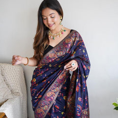 Festive Wear Banarasi Saree in Pure Soft Silk Dark BlueWhit