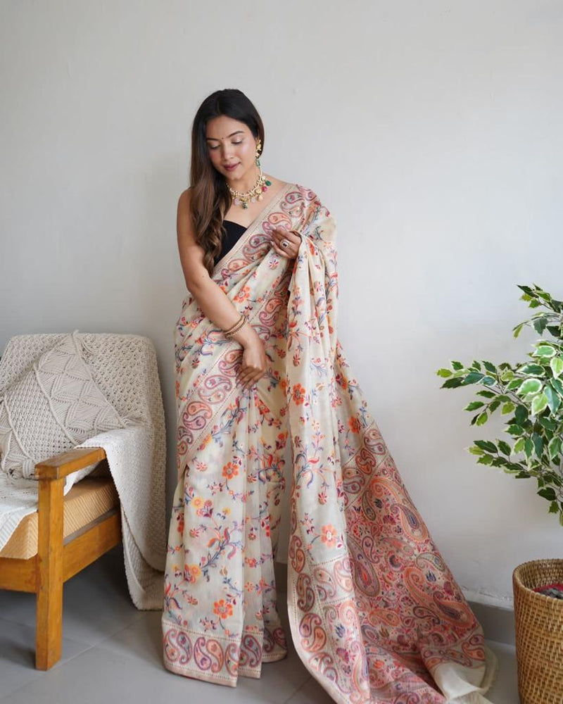Festive Wear Banarasi Saree in Pure Soft Silk Cream White