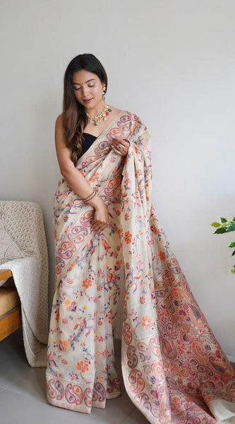 Festive Wear Banarasi Saree in Pure Soft Silk Cream White