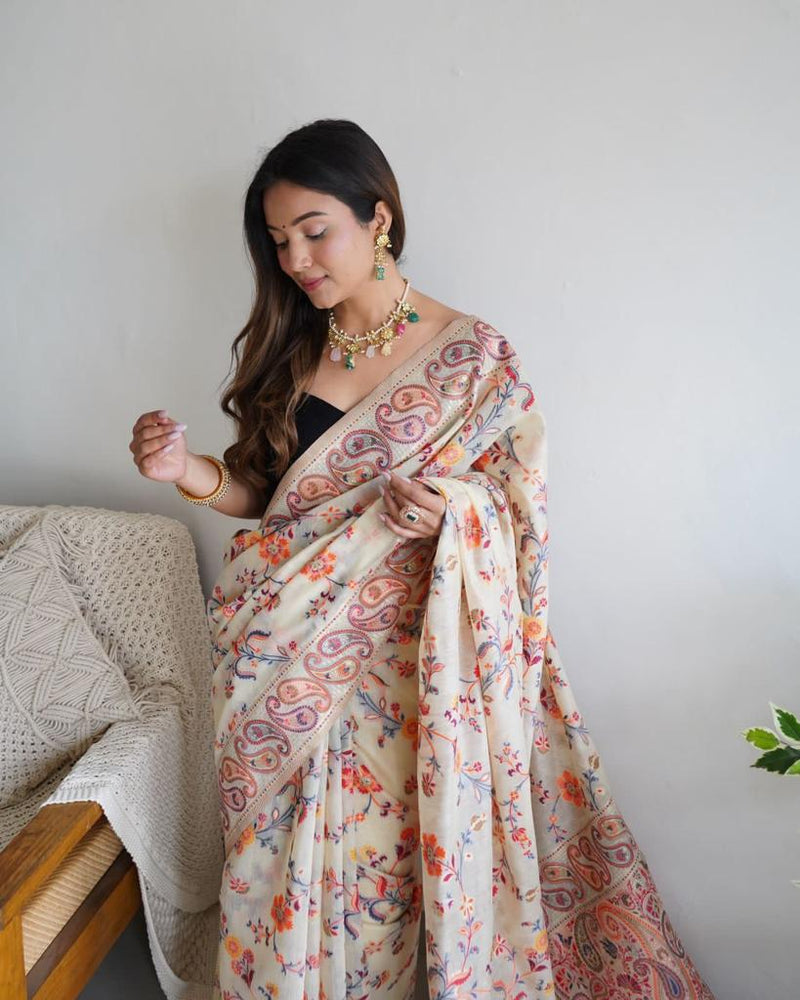 Festive Wear Banarasi Saree in Pure Soft Silk Cream White