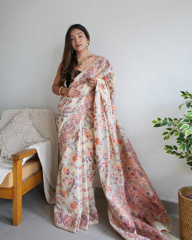 Festive Wear Banarasi Saree in Pure Soft Silk Cream White