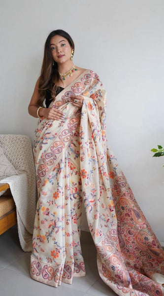 Festive Wear Banarasi Saree in Pure Soft Silk Cream White