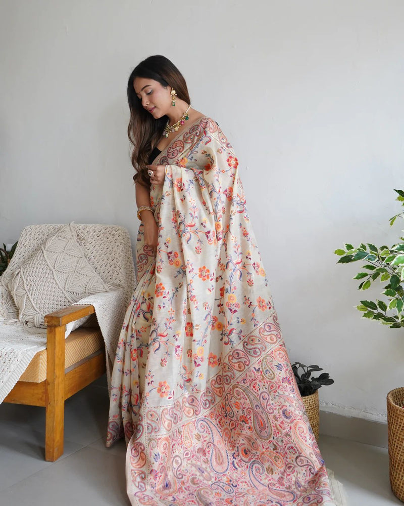 Festive Wear Banarasi Saree in Pure Soft Silk Cream White