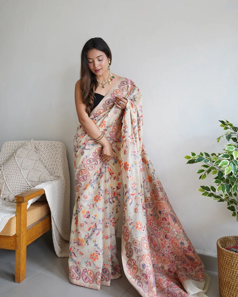 Festive Wear Banarasi Saree in Pure Soft Silk Cream White