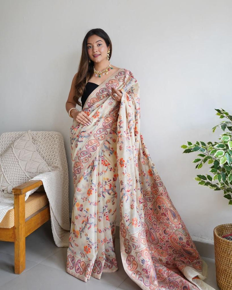 Festive Wear Banarasi Saree in Pure Soft Silk Cream White