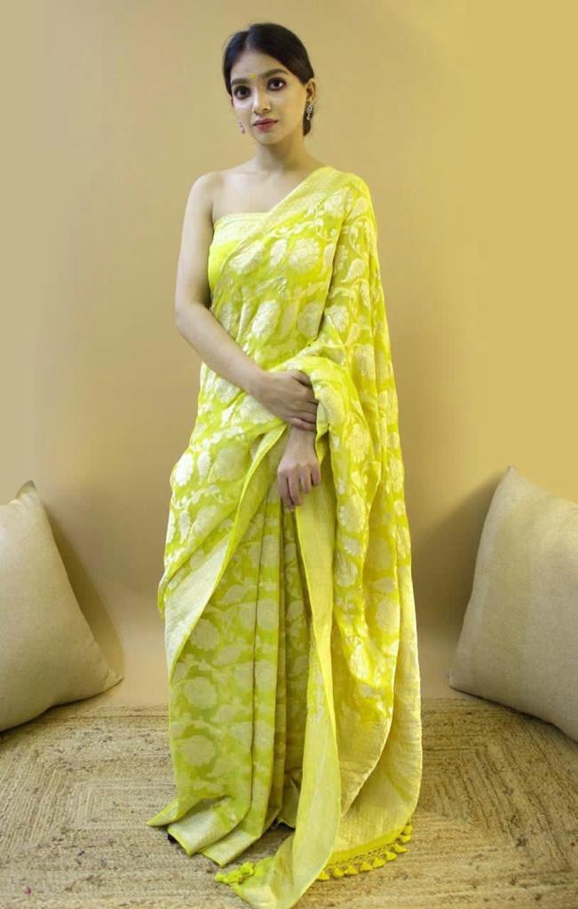 Latest Lichi Silk Saree with Golden Zari Weaving