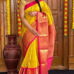 Affordable Festive Wear Lichi Silk Saree with Exclusive Zari meit Yellow