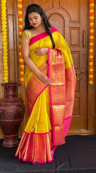 Affordable Festive Wear Lichi Silk Saree with Exclusive Zari meit Yellow