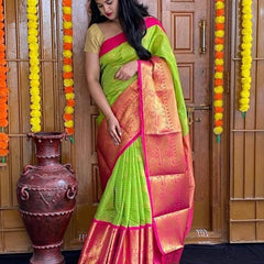 Affordable Festive Wear Lichi Silk Saree with Exclusive Zari meit green