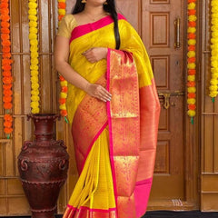 Affordable Festive Wear Lichi Silk Saree with Exclusive Zari meit Yellow