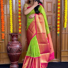 Affordable Festive Wear Lichi Silk Saree with Exclusive Zari meit green