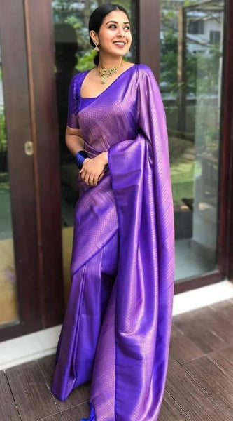 Handcrafted Lichi Silk Saree with Heavy Zari Embroidery purple