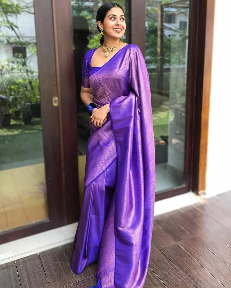 Handcrafted Lichi Silk Saree with Heavy Zari Embroidery purple