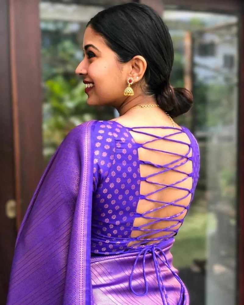 Handcrafted Lichi Silk Saree with Heavy Zari Embroidery purple