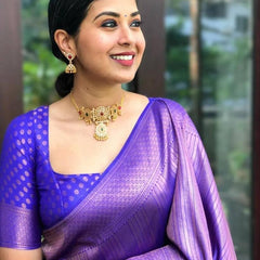 Handcrafted Lichi Silk Saree with Heavy Zari Embroidery purple