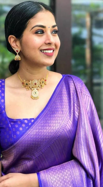Handcrafted Lichi Silk Saree with Heavy Zari Embroidery purple