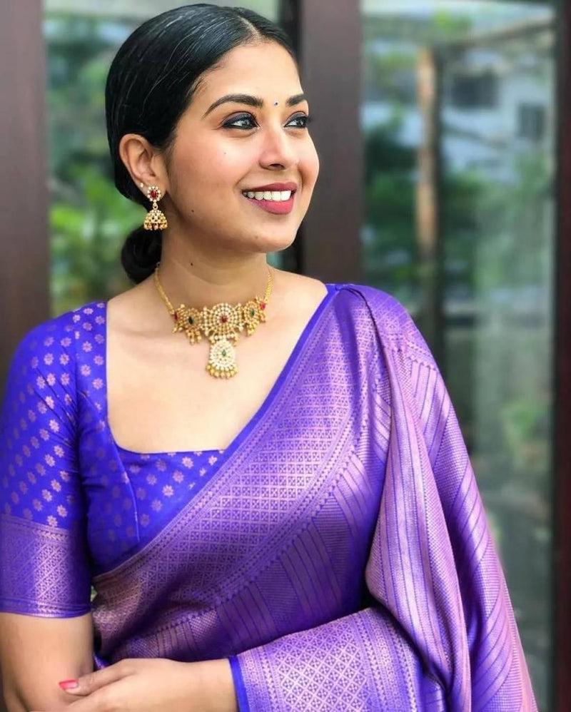 Handcrafted Lichi Silk Saree with Heavy Zari Embroidery purple