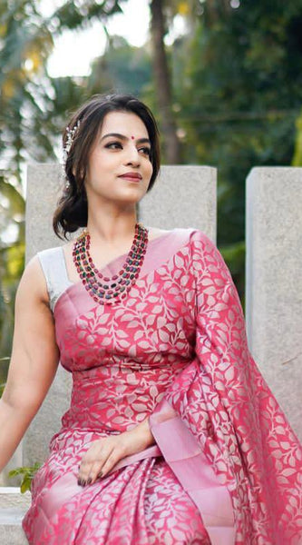 New Trend Lichi Silk Saree with Intricate Zari Weaving pink