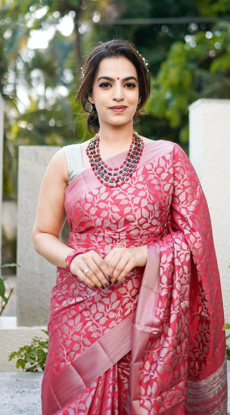New Trend Lichi Silk Saree with Intricate Zari Weaving pink