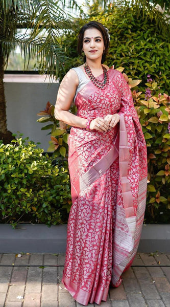 New Trend Lichi Silk Saree with Intricate Zari Weaving pink