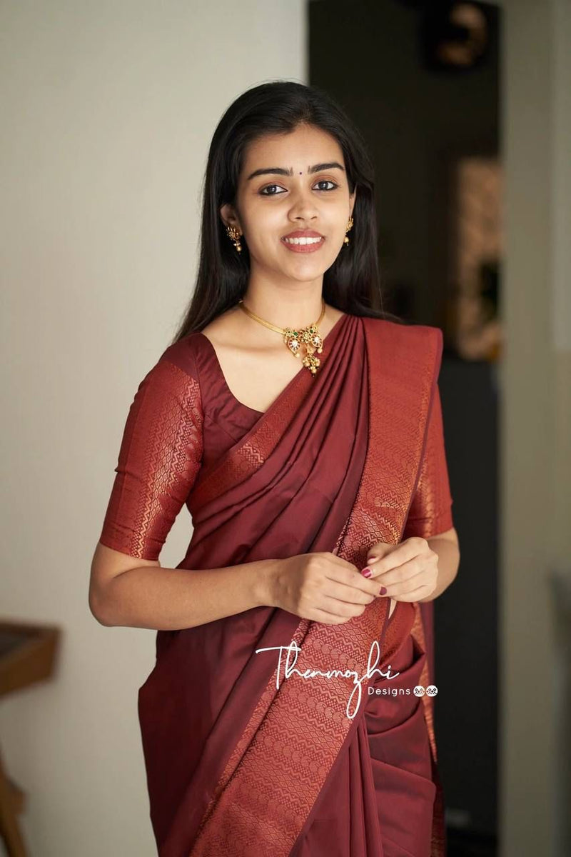Stunning Ethnic Wear Lichi Silk Saree with Premium Zari Marron