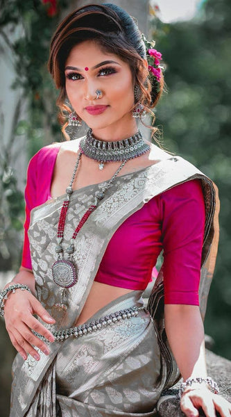 Beautifully Crafted Lichi Silk Saree with Zari Border