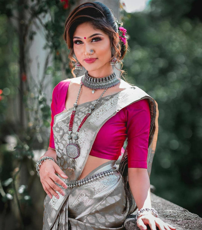Beautifully Crafted Lichi Silk Saree with Zari Border
