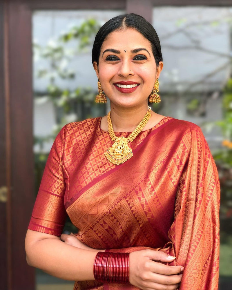 Handcrafted Lichi Silk Saree with Heavy Zari Embroidery Marron