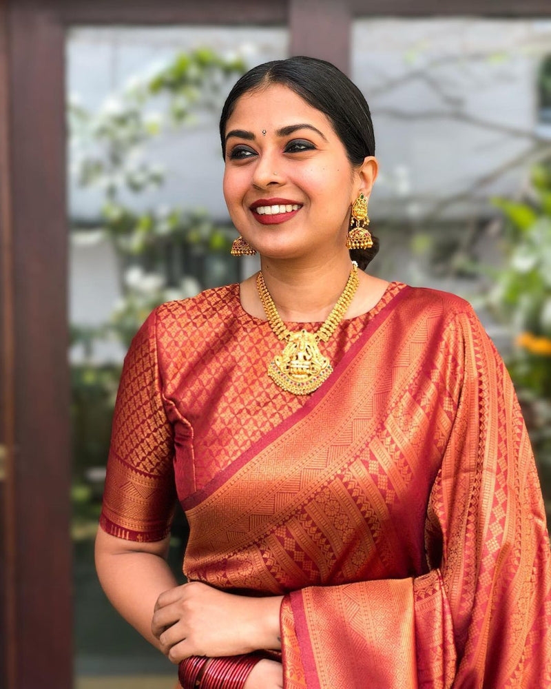 Handcrafted Lichi Silk Saree with Heavy Zari Embroidery Marron