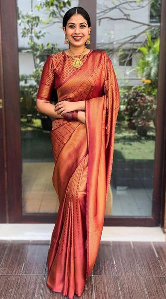 Handcrafted Lichi Silk Saree with Heavy Zari Embroidery Marron