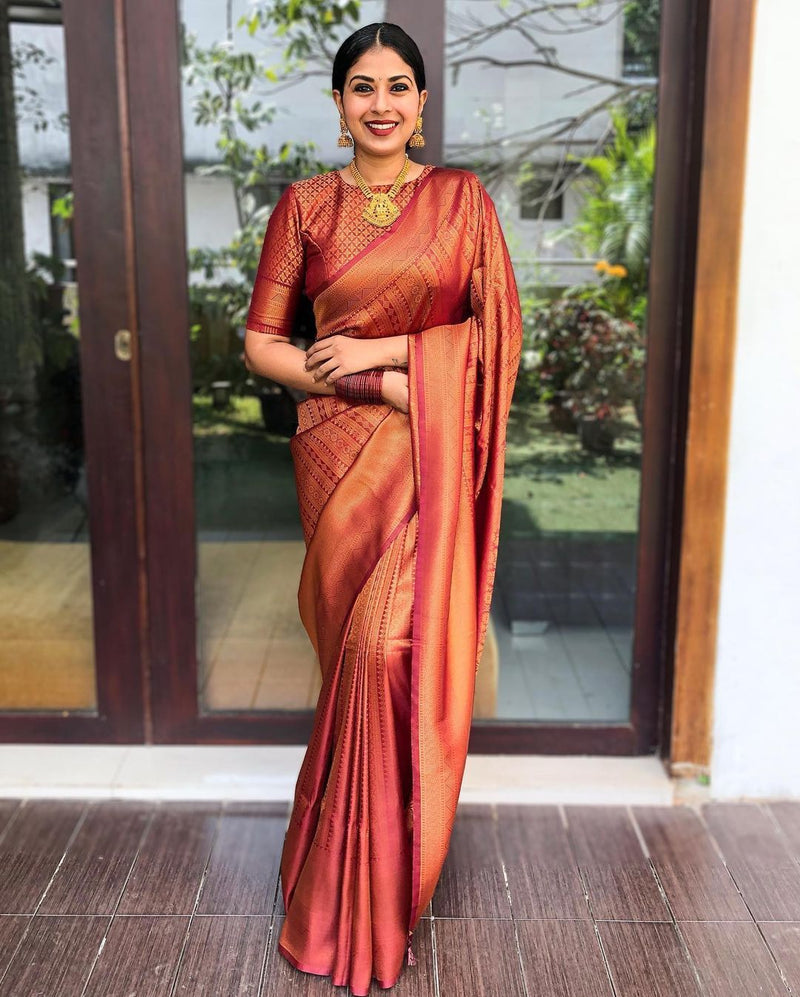 Handcrafted Lichi Silk Saree with Heavy Zari Embroidery Marron