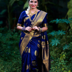 ridal Collection Lichi Silk Saree with Fancy Zari Work -Blue
