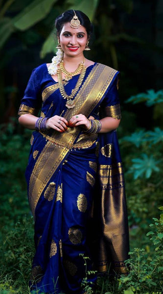 ridal Collection Lichi Silk Saree with Fancy Zari Work -Blue