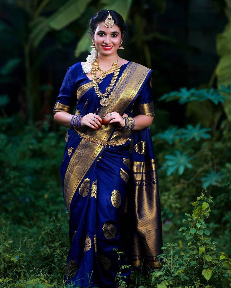 ridal Collection Lichi Silk Saree with Fancy Zari Work -Blue