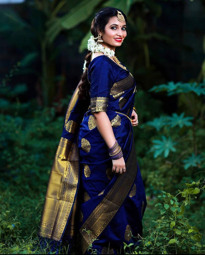 ridal Collection Lichi Silk Saree with Fancy Zari Work -Blue