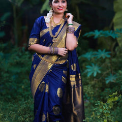 ridal Collection Lichi Silk Saree with Fancy Zari Work -Blue