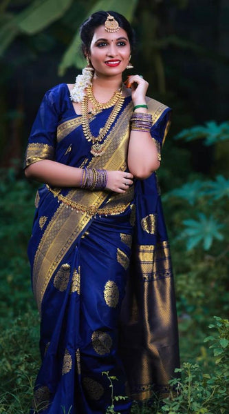 ridal Collection Lichi Silk Saree with Fancy Zari Work -Blue