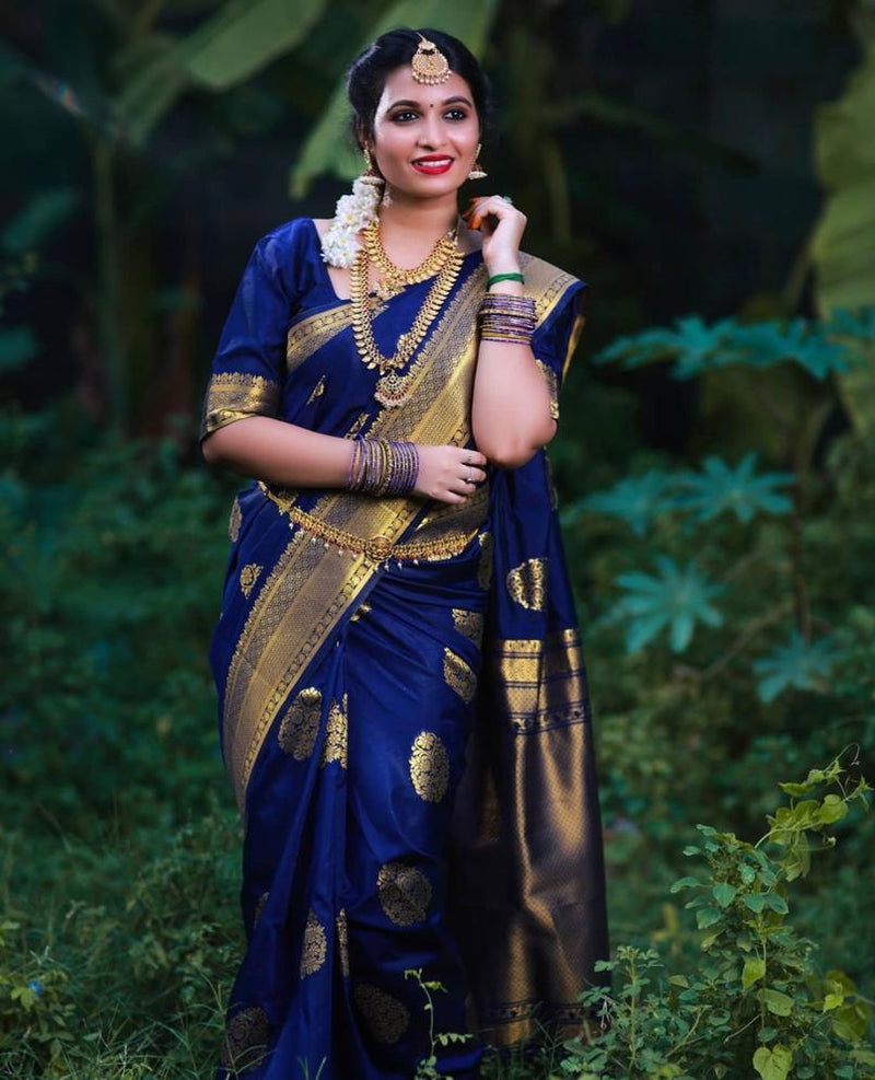 ridal Collection Lichi Silk Saree with Fancy Zari Work -Blue