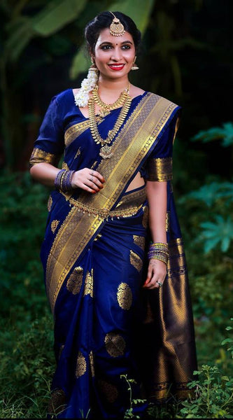 ridal Collection Lichi Silk Saree with Fancy Zari Work -Blue