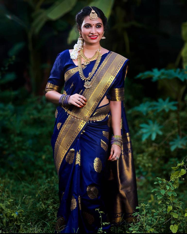 ridal Collection Lichi Silk Saree with Fancy Zari Work -Blue