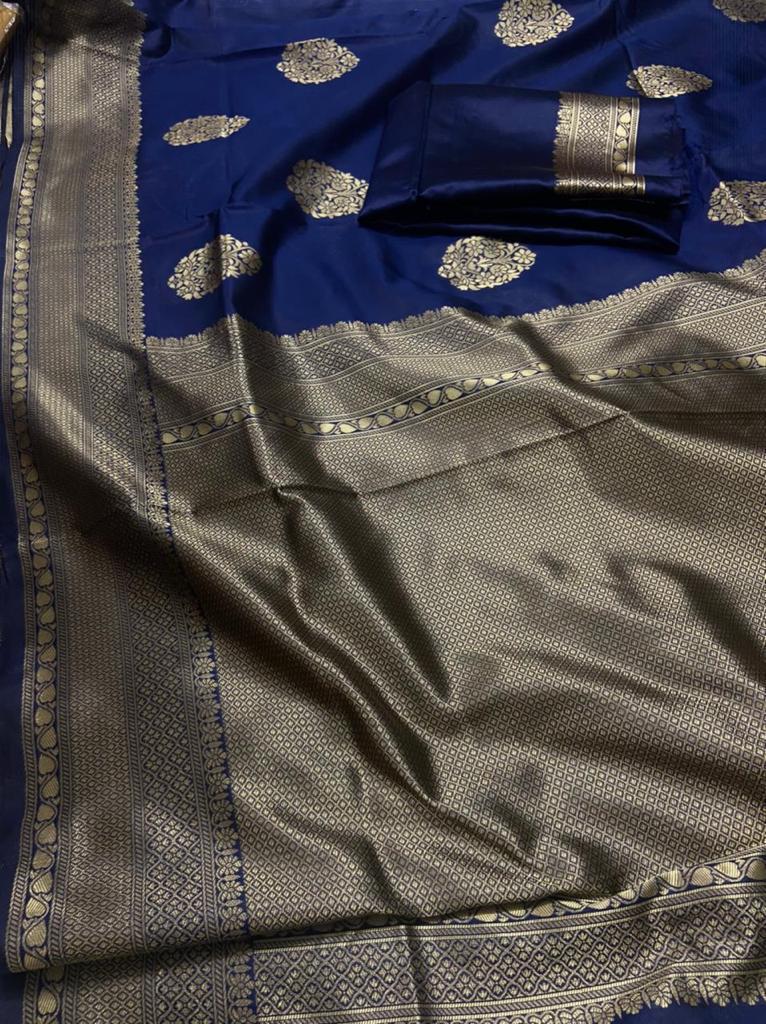 ridal Collection Lichi Silk Saree with Fancy Zari Work -Blue
