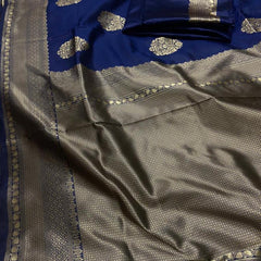 ridal Collection Lichi Silk Saree with Fancy Zari Work -Blue
