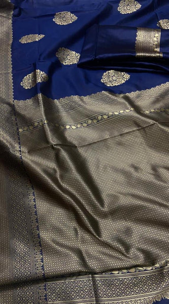 ridal Collection Lichi Silk Saree with Fancy Zari Work -Blue