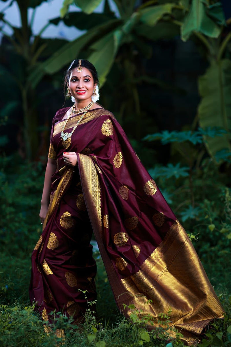 ridal Collection Lichi Silk Saree with Fancy Zari Work -Wine