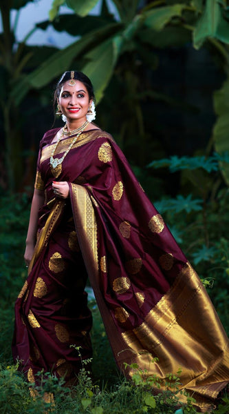 ridal Collection Lichi Silk Saree with Fancy Zari Work -Wine