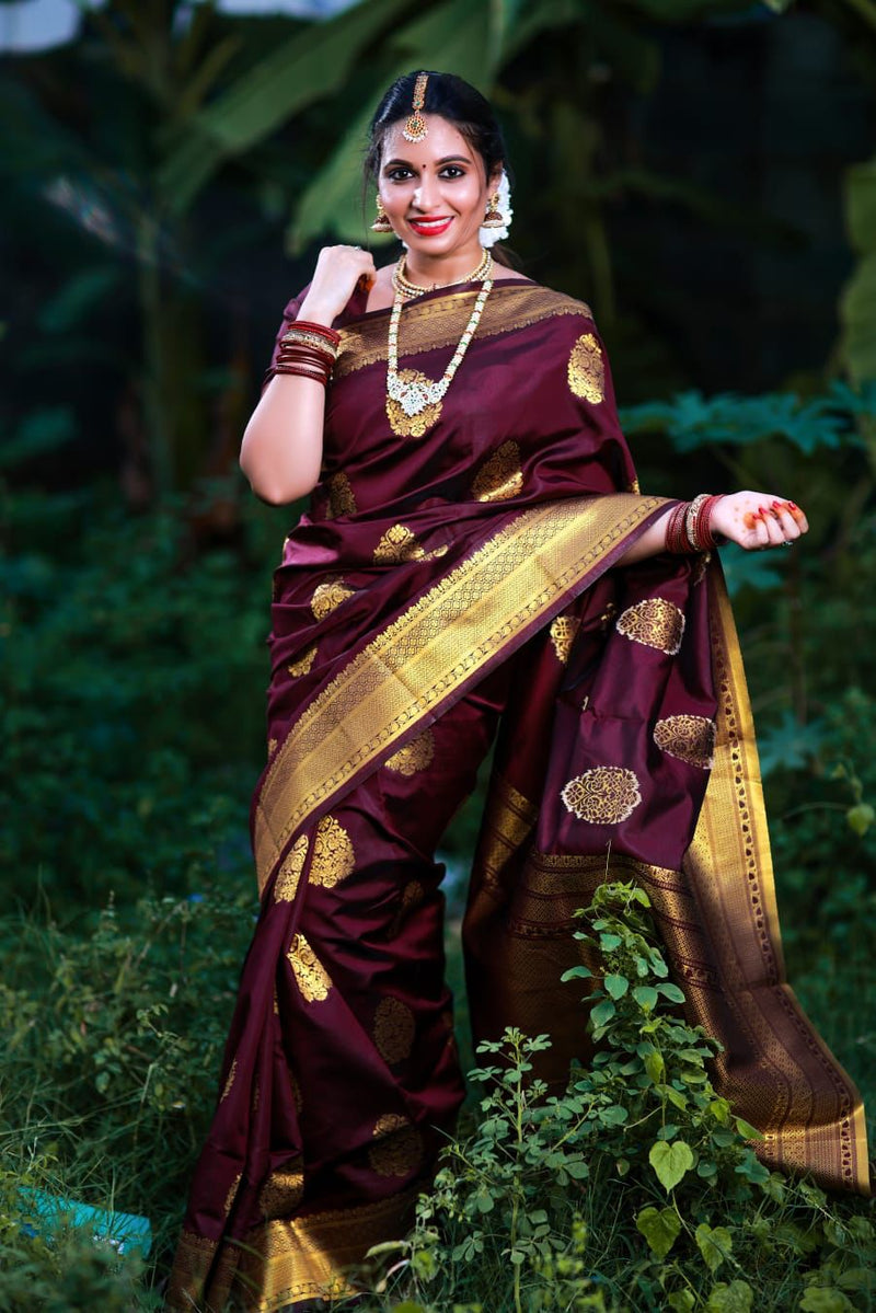 ridal Collection Lichi Silk Saree with Fancy Zari Work -Wine